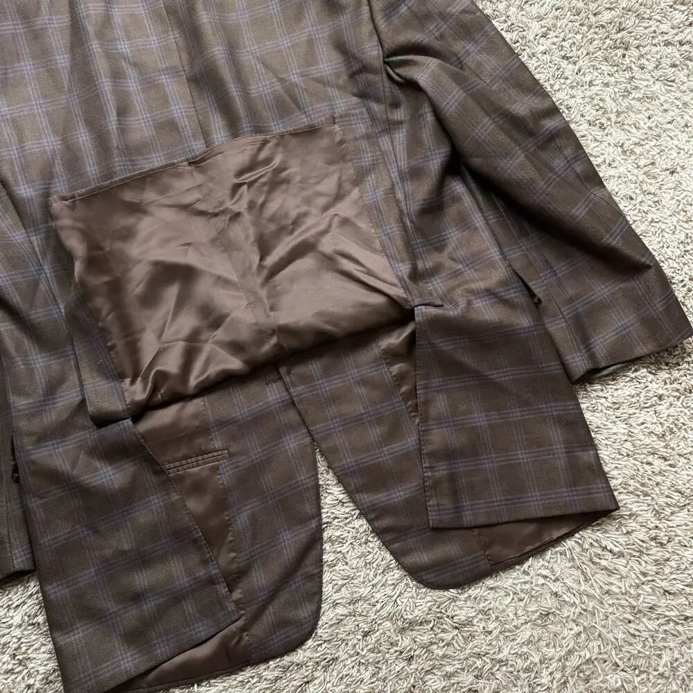Canali Made In Italy Silk And Wool Brown Plaid Suit Jacket Size IT 52R / US 42R